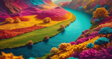 Colorful autumn landscape with lake and mountains. 3d render illustrationの素材