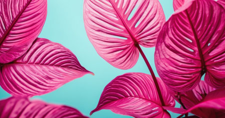 close up of pink leaves on blue background with copy space for textの素材