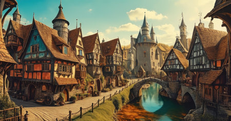 Fantasy landscape with medieval fairytale town. 3d renderingの素材