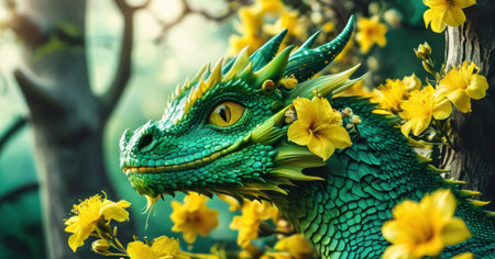 Green dragon statue with yellow flower in the garden,Thailand.の素材