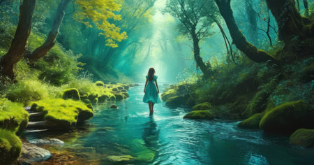 Beautiful young woman walking in the forest with a mountain stream.の素材