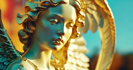 Close up view of the statue of an angel with golden wings.の素材