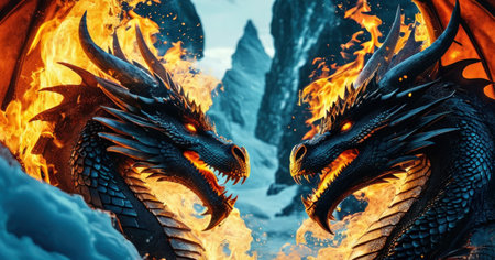 Fantasy dragon on the background of a fire. 3d renderingの素材