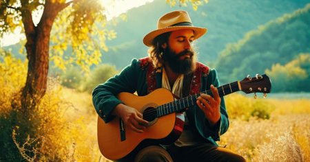 Hipster musician playing guitar in nature. Man with long beard and mustache in hat on sunny day.の素材