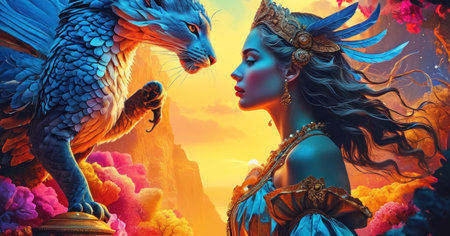 Fantasy fantasy scene with a beautiful woman and a lion. 3D illustration.の素材