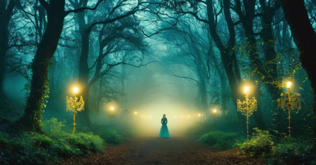 Mysterious dark forest with fog and a girl in a long dressの素材