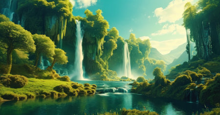 Panoramic view of beautiful waterfall in the mountains. 3d renderingの素材