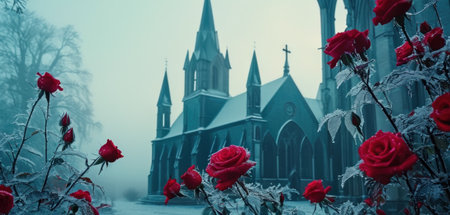Red roses in front of a church in the misty winter dayの素材
