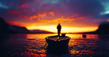 Silhouette of a fisherman in a boat on a lake at sunsetの素材