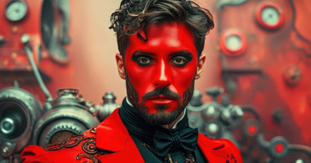 Portrait of a man with a red mask in the steampunk styleの素材