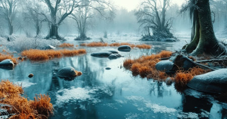 Beautiful winter landscape with frozen river and trees in misty forestの素材