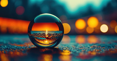 Glass ball with reflection of the city in the river at sunset.の素材