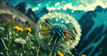 Dandelion flower on the background of mountains. 3d renderingの素材