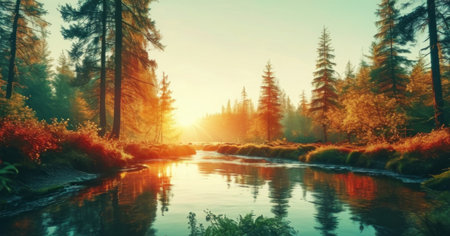 Mountain river in the autumn forest at sunset. Beautiful landscape.