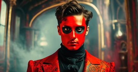 A portrait of a steampunk man in a red suit and mask. Halloween.の素材