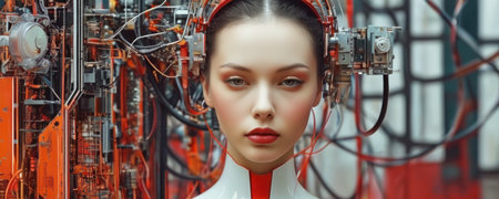 Close-up portrait of a beautiful girl robot in an industrial environment. The concept of artificial intelligence and machine learning.の素材