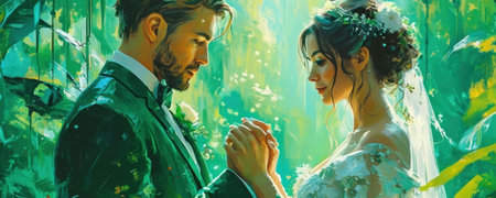 Wedding couple. Bride and groom on a green background.の素材