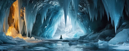 Fantasy landscape of ice cave with human figure. 3D illustrationの素材