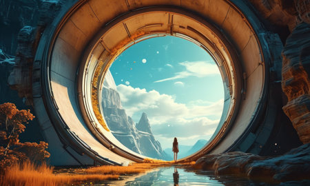 Fantasy alien planet. Mountain and woman in tunnel. 3D illustrationの素材