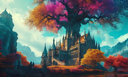 Fantasy landscape with castle in the forest. 3d illustration.の素材