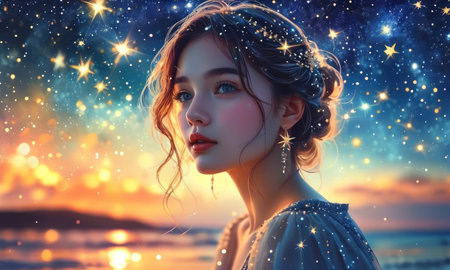 Beautiful young woman on the background of the sea and sky with starsの素材