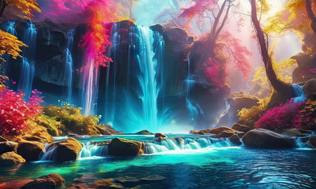 Beautiful waterfall in the forest. Fantasy landscape. 3d renderingの素材