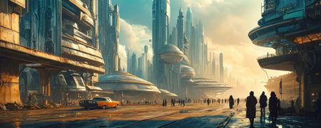 Futuristic city with skyscrapers and high-rise buildingsの素材