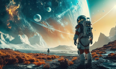 Astronaut on the background of the planet. 3d renderの素材