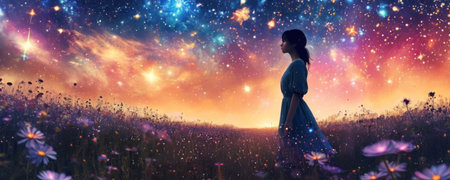 Pregnant woman in the meadow at night. 3d renderingの素材