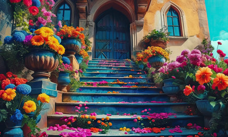 Colorful flowers in pots on the stairs to the entrance to the old house.の素材