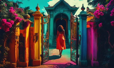 Beautiful Asian woman in red dress walking in front of the gate of the temple.の素材