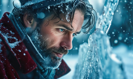 Portrait of a bearded man in winter clothes on a snowy day.の素材