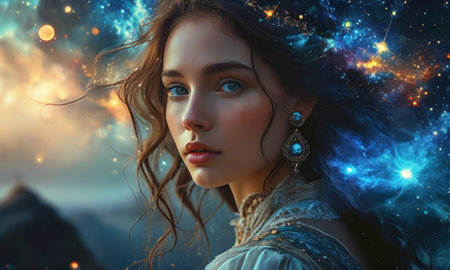 Fantasy portrait of a beautiful girl with long hair and blue eyesの素材