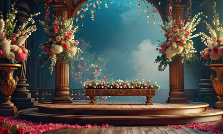 3D rendering of a fantasy interior with a wooden podium and a flower bouquetの素材