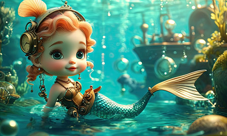 Cute cartoon mermaid with a ship in the sea. 3d renderingの素材