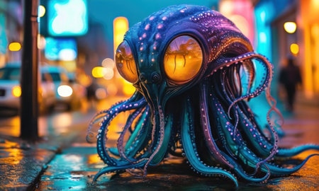 Octopus on the street at night in Istanbul, Turkey. Decorated with neon lights.の素材