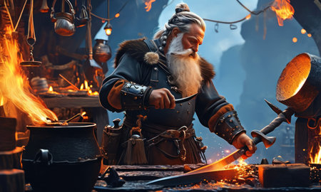 Medieval fairytale man with long beard and moustache in old medieval costume and hat on the fire.の素材