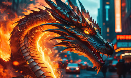 Dragon statue on the street at night in New York City, USA.の素材