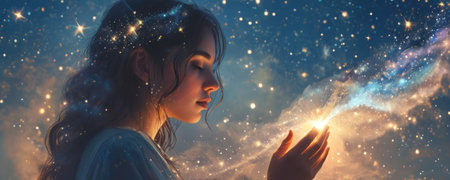Beautiful young girl with magic sparkles in her hands against the background of the night skyの素材
