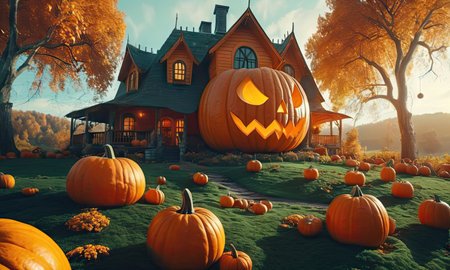 Halloween pumpkins in front of haunted house. 3d renderの素材