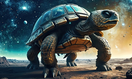 3D rendering of a giant tortoise in outer space. Elements of this image furnished by NASAの素材