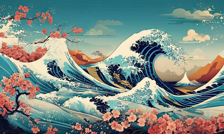 Landscape with mountains and cherry blossoms in Japan. Digital painting.の素材