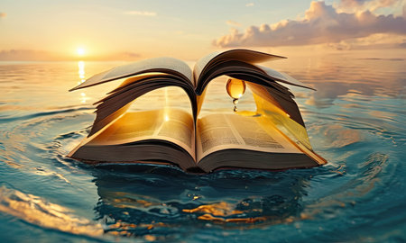 Book with glass of wine on the sea surface. 3d renderingの素材