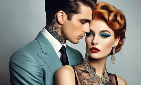 Fashion shot of a beautiful couple in elegant evening dresses. Retro style.の素材