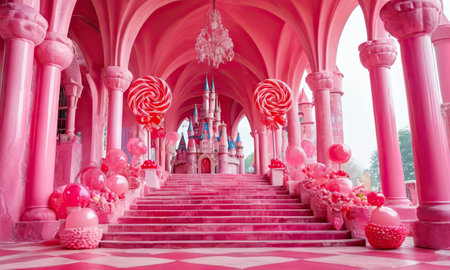 Pink castle with candies in the shape of a heart on the stairsの素材