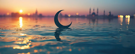 Ramadan Kareem background with mosque and reflection in water at sunsetの素材