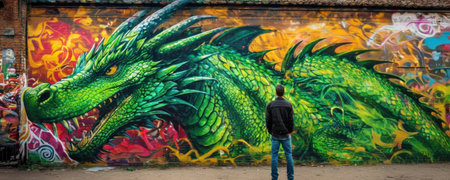 A young man with a beard is standing in front of a wall with a green dragon painted on it.の素材