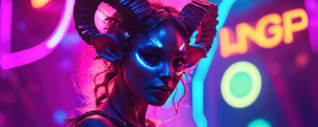 Portrait of beautiful young woman with creative make-up in neon lightの素材