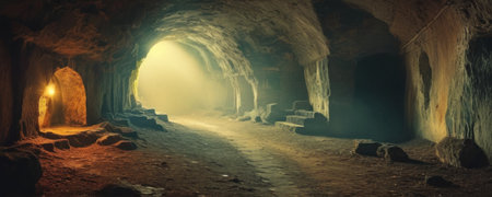 Underground tunnel with light coming from the end. 3d renderingの素材