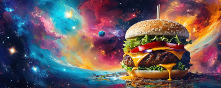 Hamburger with cheese, tomato, lettuce and onion on a background of space with stars.の素材